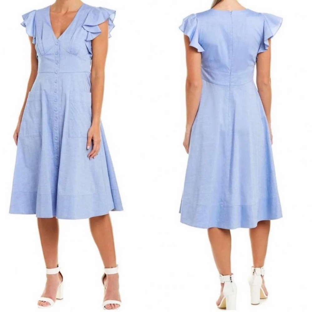 Eliza J Fit and Flare Chambray Flutter Sleeve Midi Dress